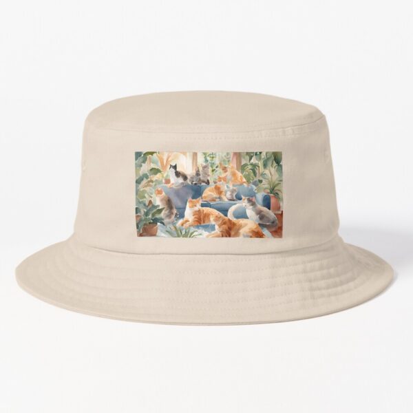Sunlit Cat Haven: Watercolor Illustration Bucket Hat - Image 2